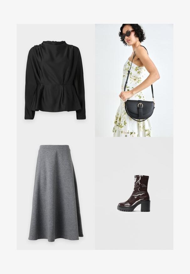 Black, long-sleeve blouse with a peplum waist. Smooth, satin-like fabric with a high neckline and a concealed zipper at the back.; Gray, knee-length skirt made of soft, stretchy material, featuring a flared design and an elastic waistband for comfort.; Glossy burgundy ankle boot with a chunky black heel, featuring a smooth texture and simple design. No visible fastenings or patterns.; Black leather handbag with a curved shape, detachable strap, and gold hardware. The bag features a flap with a buckle detail.