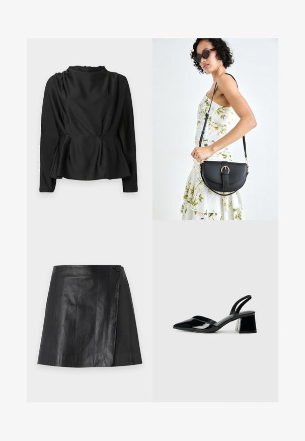 Bluză neagră cu mâneci lungi și talie peplum. Material neted, asemănător satinului, cu gât înalt și fermoar ascuns la spate.; Fustă mini din piele ecologică neagră cu detaliu înfășurat pe față, securizată cu un buton pe partea dreaptă, textură netedă și ușor lucioasă.; Pantofi cu toc slingback din piele lacuită neagră, cu vârf ascuțit și toc geometric. Prezintă un design elegant, minimalist și o textură netedă.; Geantă din piele neagră, cu o formă curbată, curea detașabilă și accesorii aurii. Geanta are un capac cu un detaliu tip cataramă.