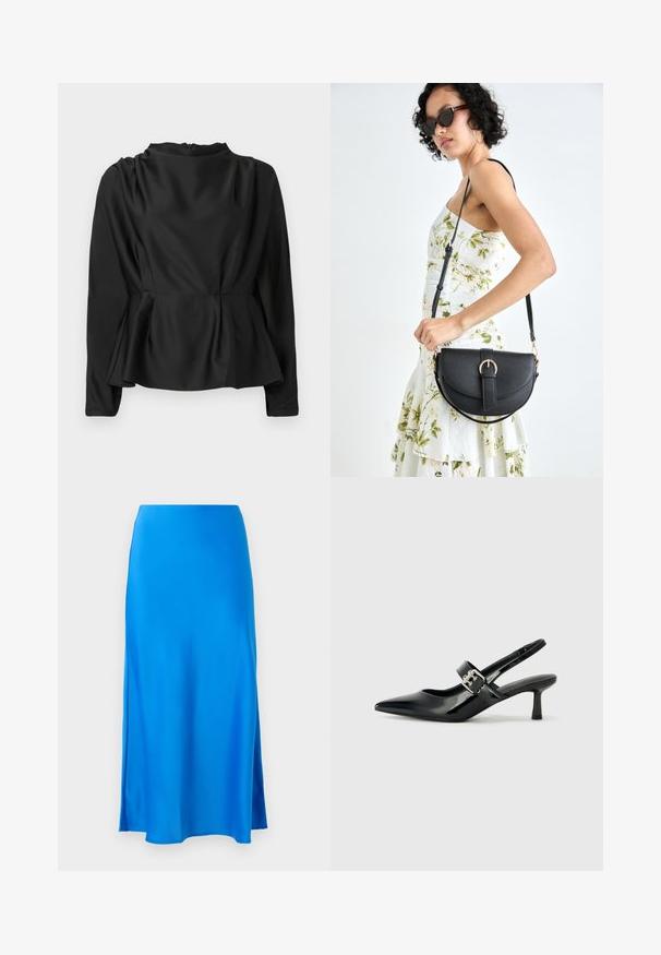 Crna bluzica dugih rukava s peplum strukom. Glatka, satenska tkanina s visokim izrezom i skrivenim zatvaračem na leđima.; Plava satenska maksi suknja s glatkom teksturom, blago A-linijom i bočnim prorezom, koja nudi lepršavu siluetu.; Crne lakirane slingback potpetice s oštrim prstom i malom blok petom, s naglaskom na srebrnoj kopči na remenu.; Crna kožna torba s lukovitim oblikom, odvojivim remenom i zlatnim detaljima. Torba ima preklop s kopčom.