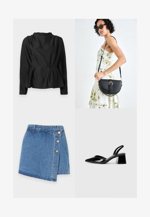 Must musta, pikkade varrukatega pluus peplum-vööga. Sile, satiinilaadne kangas kõrge kaelusega ja peidetud tõmblukuga taga.; Heled sinise denimpoolik. Omab kõrgemat taljejoont, nurga all lõigatud hemmi ning külgedel kolme metallist nupukest. Sile tekstuur koos peente õmblustega.; Mustad musta lakknahk kingad, millel on terav varvas ja geomeetriline plokkkonts. Omab elegantselt minimalistlikku disaini ja sujuvat tekstuuri.; Mustmust mustraha kõverate joontega, eemaldatava rihmaga ja kuldsete detailidega. Kotil on klapp, millel on pandladetail.