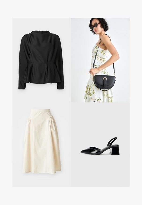 Blusa preta de manga longa com cintura peplum. Tecido suave, semelhante a cetim, com gola alta e um fecho éclair escondido nas costas.; Uma saia longa de cor creme, feita de um tecido leve, com detalhes franzidos na cintura e uma silhueta suave e fluida.; Sandy em verniz preto com salto slingback, ponta afilada e salto geométrico. Apresenta um design elegante e minimalista com textura suave.; Bolsa de couro preta com forma curva, alça destacável e detalhes em dourado. A bolsa possui uma aba com detalhe de fivela.