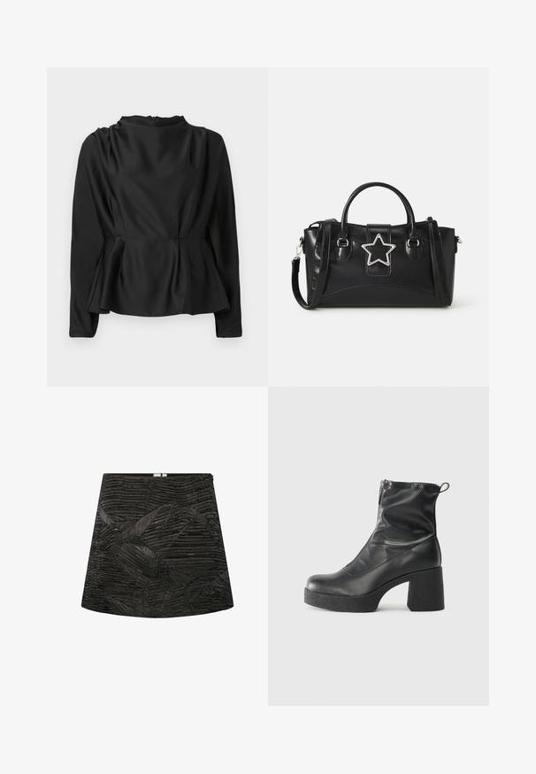 Sort bluse med lange ærmer og peplum-talje. Glat, satinlignende stof med høj halsudskæring og en skjult lynlås bagpå.; Sort mini nederdel med tekstureret, plisseret design og geometriske mønstre. Lige snit med lynlås skjult bagpå.; Sorte ankelstøvler lavet af glat læder, med en sidelukning, kraftig struktureret hæl og rundt tådesign.; Sort håndtaske lavet af syntetisk læder med en stjernesformet sølvaccent, dobbelte håndtag og en justerbar skulderrem.