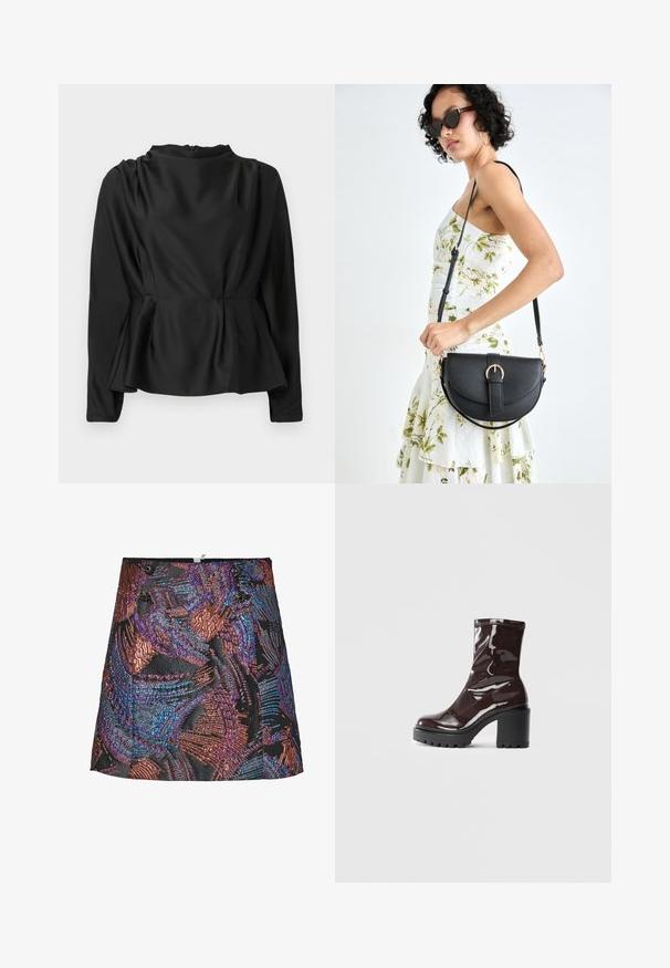 Juoda, ilgarankovė bluzelė su peplumo juosmeniu. Lygus, satino tipo audinys su aukštu kaklu ir paslėptu užtrauktuku nugaros pusėje.; Metalinė mini sijonas su tekstūruotu raštu ryškiomis violetinėmis ir bronzinėmis spalvomis, turintis juodą pagrindą ir dekoratyvinius mygtukus ant juosmens.; Blizgus burgundių spalvos kulknapis su tankiu juodu kulnu, pasižymintis lygiu paviršiumi ir paprastu dizainu. Nėra matomų užsegimų ar raštų.; Juodas odinis krepšys su išlenkta forma, nuimamu dirželiu ir auksiniais detalėmis. Krepšys turi kilpą su sagtimi.