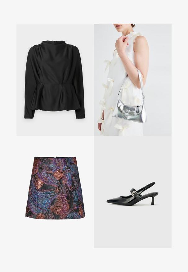 Blusa nera a maniche lunghe con vita a peplo. Tessuto liscio, simile alla seta, con collo alto e zip nascosta sulla schiena.; Mini gonna metallica con un motivo testurizzato in vibranti tonalità di viola e bronzo, caratterizzata da una base nera e bottoni decorativi sulla vita.; Décolleté neri in vernice con punta affilata e tacco a blocco piccolo, dotati di un accentuato con fibbia argentata sulla cinturino.; Borsa a mano metallica argento con forma strutturata, dotata di manico superiore e dettaglio a fiocco sulla parte frontale. Texture liscia e finitura riflettente.