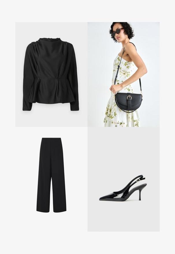 Fekete, hosszú ujjú blúz peplum derékkal. Sima, selyemhez hasonló anyag, magas nyakkal és rejtett cipzárral a háton.; Fekete, széles szárú, cropped nadrág magas derékkal és oldalsó zsebekkel, finom vertikális varrási részletekkel.; Fekete, lakkbőr slingback magassarkú cipő, hegyes orral és vékony sarokkal. Hátul állítható csattal rendelkezik. Simább textúra.; Fekete bőrtáska ívelt formával, levehető pánttal és arany színű fémrészekkel. A táskán egy csattal díszített fedél található.