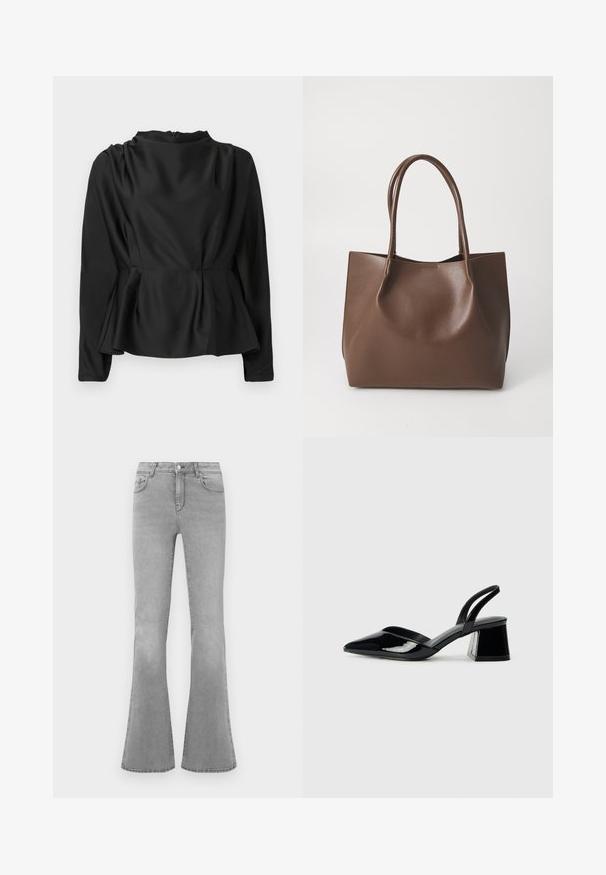Blouse noire à manches longues avec une taille peplum. Tissu lisse, semblable à du satin, avec un col montant et une fermeture éclair dissimulée à l'arrière.; Jean flare gris en denim, avec un design classique à cinq poches, une fermeture éclair et des détails de décoloration subtils le long des jambes.; Escarpins en cuir verni noir avec bout pointu et talon bloc géométrique. Présente un design élégant et minimaliste ainsi qu'une texture lisse.; Sac en cuir marron avec deux longues poignées, forme structurée, texture lisse et design minimaliste. Aucun matériel ni accent visible.