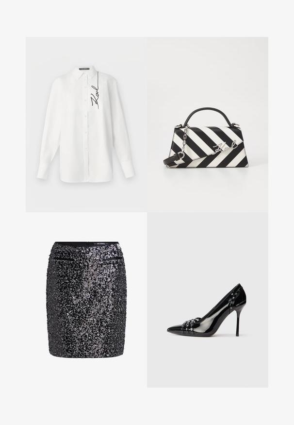 Hvit langermet skjorte laget av bomull, med en lomme foran og svart brodert signatur på venstre side. Klassisk krage og knappelukking.; Svart paljett mini skjørt med en tettsittende design, som har en teksturert overflate og to små glidelåslommer foran.; Svart patentlær stiletthæl sko med spiss tå, tre dekorative stropper med nagler og "Karl Lagerfeld" merkevare på hælen.; Svart- og hvitstripet håndveske med en strukturert form, som har et topphåndtak, en avtakbar kjedestropp, og metallisk logo-akcent.