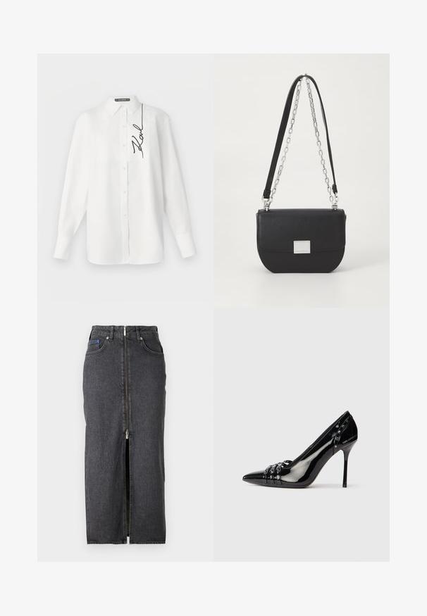 Weißes Langarmhemd aus Baumwolle mit einer Fronttasche und einer schwarzen, aufgestickten Signatur auf der linken Seite. Klassischer Kragen und Knopfverschluss.; Dunkelgrauer Jeansrock mit einem Frontreißverschluss, zwei seitlichen Taschen und einem Oberschenkel-spalt. Mittellange, figurbetonte Form mit subtiler Textur.; Schwarzer Lackleder-Pumps mit spitzem Zeh, drei dekorativen Riemen mit Nieten und "Karl Lagerfeld"-Markierung auf dem Absatz.; Schwarze Leder-Umhängetasche mit runder Form, silberner Kettenriemen und rechteckigem Hardware-Akzent auf der Vorderseite. Glatte Textur.