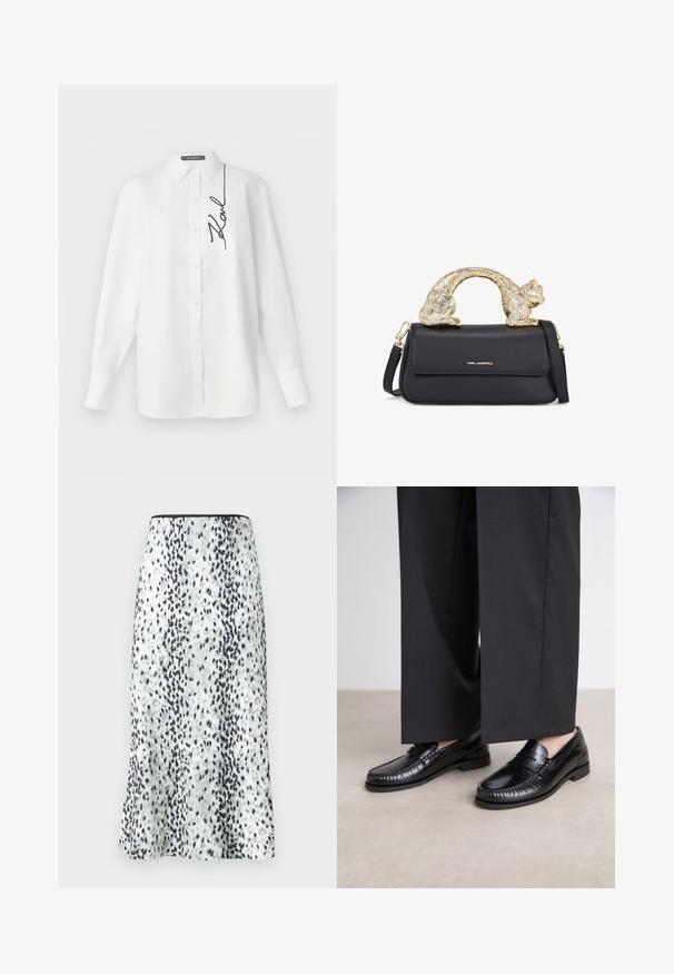 Valge pika varrukaga puuvillane särk, millel on ees tasku ja vasakul pool must brodeeritud allkiri. Klassikalise kraega ja nööpidega kinnituv.; Knee-pikkusega seelik, millel on valge kangas koos musta ja halli laigulise mustriga, lõpetatud lihtsa vöökoha ja väikese logoga.; Mustadest nahast loaferdest on sile pind, õmmeldud detaile varvaste ümber ja madal kummitald. Kombineeritud laia musta pükste jaoks.; Must või voodri tasku ja kuldne kassi kujuline käepide, millel on esine klapp, reguleeritav rihm ja logodetail alumisel ees.