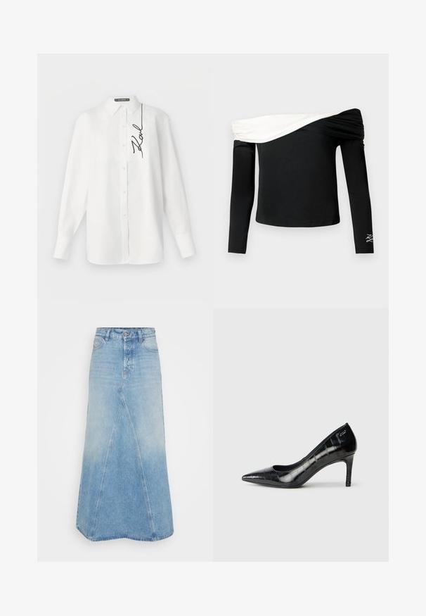 Camisa blanca de manga larga confeccionada en algodón, con un bolsillo delantero y una firma bordada en negro en el lado izquierdo. Cuello clásico y cierre con botones.; Top negro de manga larga con escote hombros caídos, detalle plisado blanco sobre el pecho y pequeño diseño blanco bordado en la manga izquierda.; Falda de mezclilla azul claro con un diseño largo en A, que presenta una costura frontal y un dobladillo sin rematar. Incluye el clásico estilo de cinco bolsillos y pasadores para cinturón.; Zapatos de tacón alto negros de punta afilada con un acabado brillante y un sutil patrón texturado. Cuentan con un tacón moderado y un diseño de escote abierto.