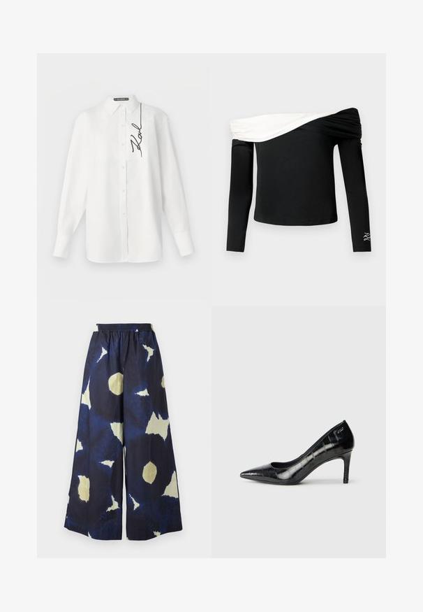 Biała koszula z długim rękawem wykonana z bawełny, z kieszenią z przodu i czarnym haftowanym podpisem po lewej stronie. Klasyczny kołnierzyk i zapięcie na guziki.; Czarna, długorękawowa bluzka z odkrytymi ramionami, z białym, złożonym detalem drapowanym na wysokości klatki piersiowej oraz małym, białym haftowanym wzorem na lewym rękawie.; Niebieskie i kremowe, wzorzyste spodnie o szerokich nogawkach z elastycznym paskiem w talii. Materiał wydaje się lekki i teksturowany. Posiada nieregularne kształty na całej powierzchni.; Czarne szpilki z ostrym noskiem, o błyszczącej powierzchni i subtelnym wzorze tekstury. Posiadają umiarkowaną wysokość obcasa oraz otwarty dekolt.