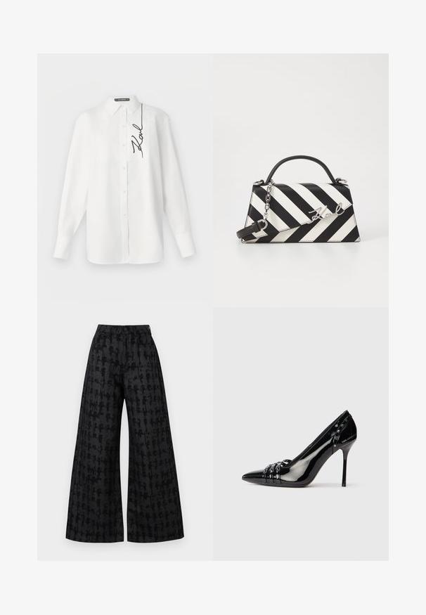 Valge pika varrukaga puuvillane särk, millel on ees tasku ja vasakul pool must brodeeritud allkiri. Klassikalise kraega ja nööpidega kinnituv.; Laiad mustad püksid tekstuuriga mustriga, millel on kõrge talje, eesTaskud ja peidetud nuppe sulgus. Pehme kangas viimistlus.; Mustan patendiga kõrge kontsaga king, terava varbaga, kolme dekoratiivse rihma ja naeltega ning "Karl Lagerfeld" brändimisega kontsal.; Mustriga musta ja valgega käekott, millel on struktureeritud kuju, pehme käepide, eemaldatav ahelriba ja metallist logo aktsent.