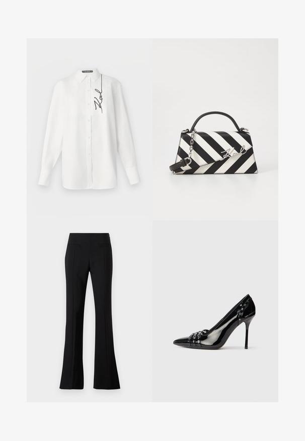 Biele bavlnené tričko s dlhým rukávom, vybavené predným vreckom a čiernym vyšívaným podpisom na ľavej strane. Klasický golier a zapínanie na gombíky.; Čierne rozšírené nohavice vyrobené z hladkej látky s vysokým pásom, ktoré majú dve zadné vrecká a záhyb na prednej strane každej nohy.; Čierne lakované lodičky na ihlovom opätku so špicatou špičkou, tromi dekoratívnymi pruhmi s cvočkami a značkou "Karl Lagerfeld" na opätku.; Čierno-bielo pruhovaná kabelka so štruktúrovaným tvarom, obsahujúca hornú rúčku, odnímateľný reťazový popruh a kovový logo akcent.