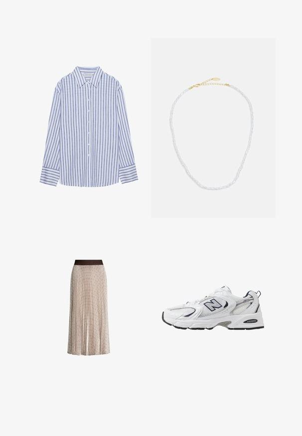 Cămașă albastră deschisă cu dungi verticale albe și albastre, având un guler clasic și mâneci lungi cu manșete butonate.; Fustă midi plisată bej cu un model geometric subtil și un brâu închis, prezentând logo-ul embosat "JOOP!".; Shoe sportiv alb cu parte superioară din plasă, accente bleumarin și talpă amortizată. Are logo-ul "N", șireturi și detalii texturate pe lateral.; Colier din perle cu un design delicat, având perle albe mici și un extensor din aur cu un închizător pentru lungime ajustabilă.