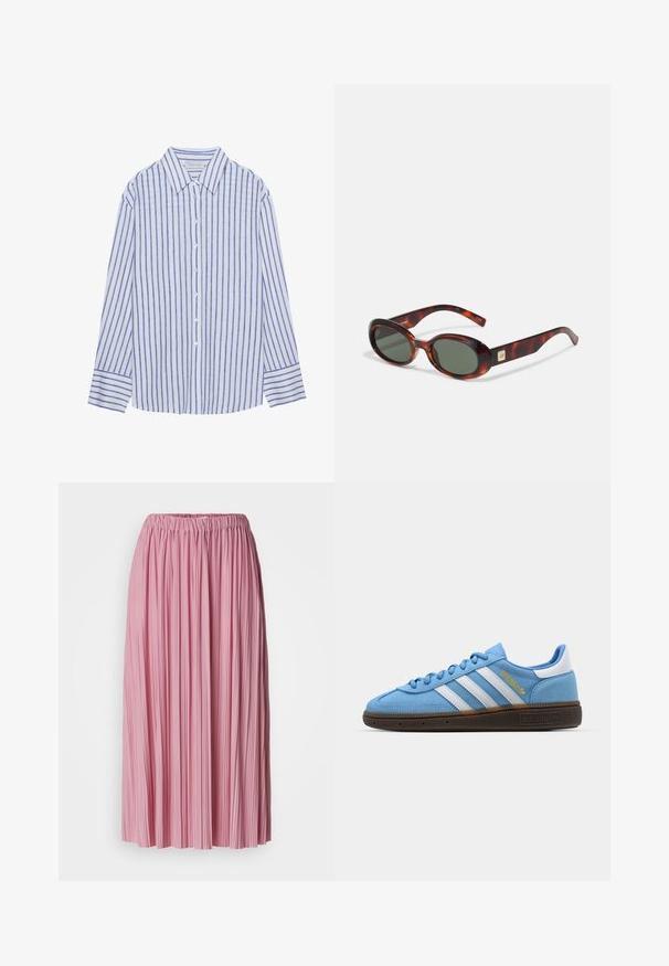 Világoskék gombos ing, függőleges fehér és kék csíkokkal, klasszikus gallérral és hosszú ujjakkal, gombos mandzsettával.; Ráncolt szoknya világos rózsaszínben, könnyű anyagból készült. Gumis derekával rendelkezik, és függőleges textúrával büszkélkedhet.; Világoskék velúr sneaker, fehér bőr csíkkal, barna texturált talppal és arany logó részlettel. Alacsony szárú dizájn, kerek orral.; Tortoiseshell napszemüveg sötét lencsékkel, ovális forma, széles karokkal. Jellemzője egy kis arany dísz oldalán. Simító műanyagból készült.