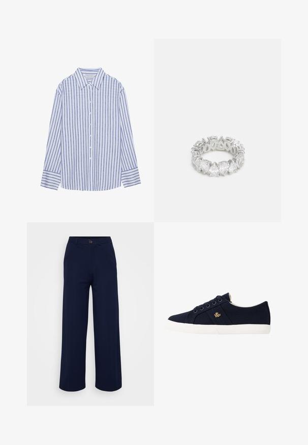 Ljusblå skjorta med knäppning och vertikala vita och blå ränder, med klassisk krage och lång ärm med knäppta manschetter.; Even&Odd Petite Tygbyxor - dark blue; Lauren Ralph Lauren JANSON II CANVAS SNEAKER - Sneakers - navy; Klar ädelstenring med en kontinuerlig ring, prydd med päronformade stenar i silverliknande metall, med öppna detaljer för ljusinsläpp.