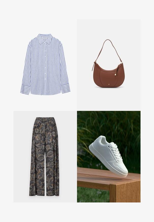 Chemise bleu clair à manches longues, avec des rayures verticales blanches et bleues, dotée d'un col classique et de poignet à boutons.; Pantalons à jambes larges avec un imprimé floral sombre comportant des motifs gris et orange complexes. La taille élastique ajoute confort et flexibilité.; Sneakers blanches avec une tige synthétique lisse, un avant perforé, des lacets plats et une semelle texturée, présentées sur une surface en bois.; Sac à épaule en faux cuir brun, de forme arrondie, avec des coutures minimales et un accent en matériel doré. Il possède une fermeture zippée sur le dessus et une sangle réglable.; Boucles d'oreilles créoles en argent avec une surface lisse et brillante, présentant une forme incurvée et une fermeture à tige. Design minimaliste avec une finition moderne.