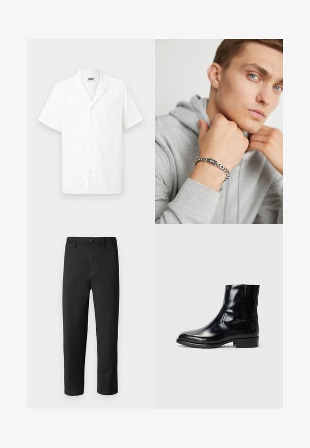 Camisa blanca de manga corta hecha de tela ligera, con cuello y cinco botones en la parte delantera, con una textura suave. Sin patrones ni acentos.; Pantalones negros de corte recto, hechos de una tela lisa. Cuentan con un cierre de botón y trabillas para cinturón. Sin patrones ni acentos visibles.; Botines de piel negra con un acabado brillante, diseño elegante y punta redonda. Cuentan con paneles laterales elásticos y un tacón bajo en bloque.; Pulsera de cadena de plata con una placa rectangular negra grabada con "BOSS". Llevada en una mano frente a un fondo de sudadera gris.