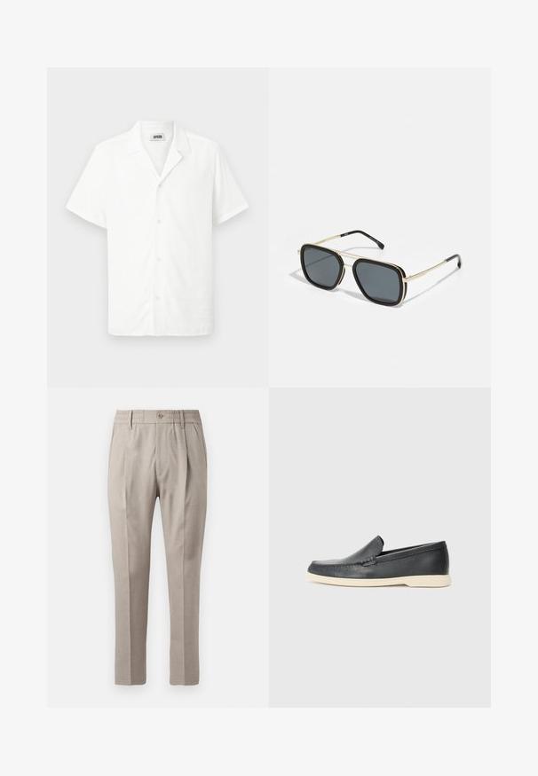 Kortermet hvit skjorte laget av lett stoff, med krage og fem frontknapper, med en jevn tekstur. Ingen mønstre eller detaljer.; Beige skreddersydd bukser med en jevn tekstur, med knappelukking, elastisk liv og to frontlommer. Rett ben-design.; Sorte skinn slip-on loafers med en teksturert finish og en kontrasterende beige gummisåle. Har en subtil aksent langs fronten.; Svart og gull solbriller med firkantet form, metallramme, mørke grå linser og svarte temple spisser. Har dobbel bro-design.