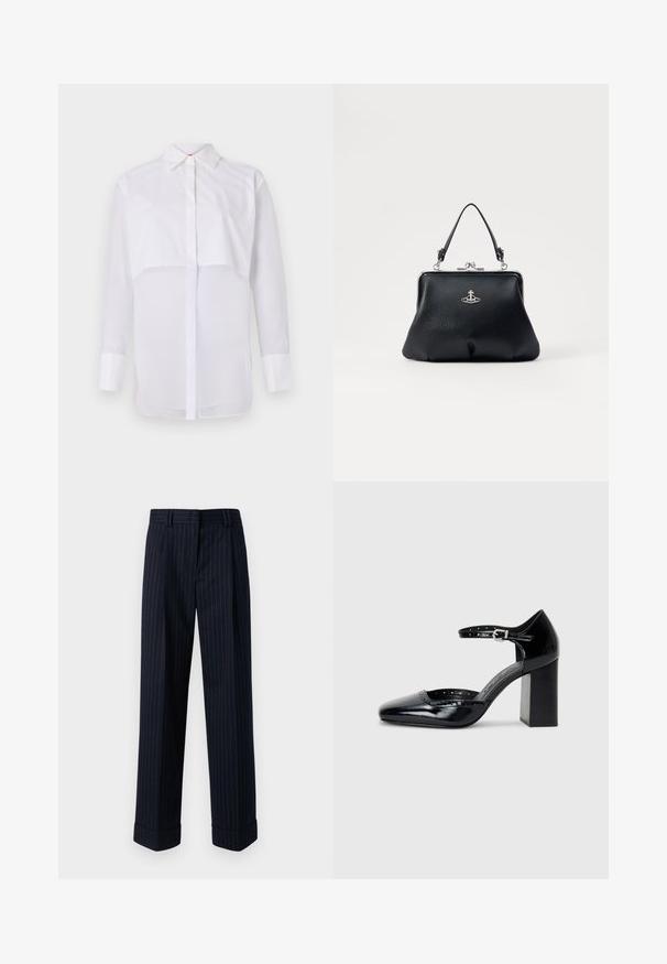 Hvit langermet bluse laget av lett stoff, med klassisk krage, frontknapper og et lagdelt design med en gjennomsiktig nederste del.; Marineblå vide bukser har et pinstribet mønster i guld, fremstillet af et glat stof, med opsmøgede ben og forlommer.; Sorte lakk lær høye hæler med firkantet tå, ankelrem og chunky hæl. Inkluderer perforerte detaljer langs kanten.; Svart skinnhåndveske med teksturert overflate, sølvfarget hardware, låsestengning og kort håndtak for bæring. Kompakt og strukturert design.