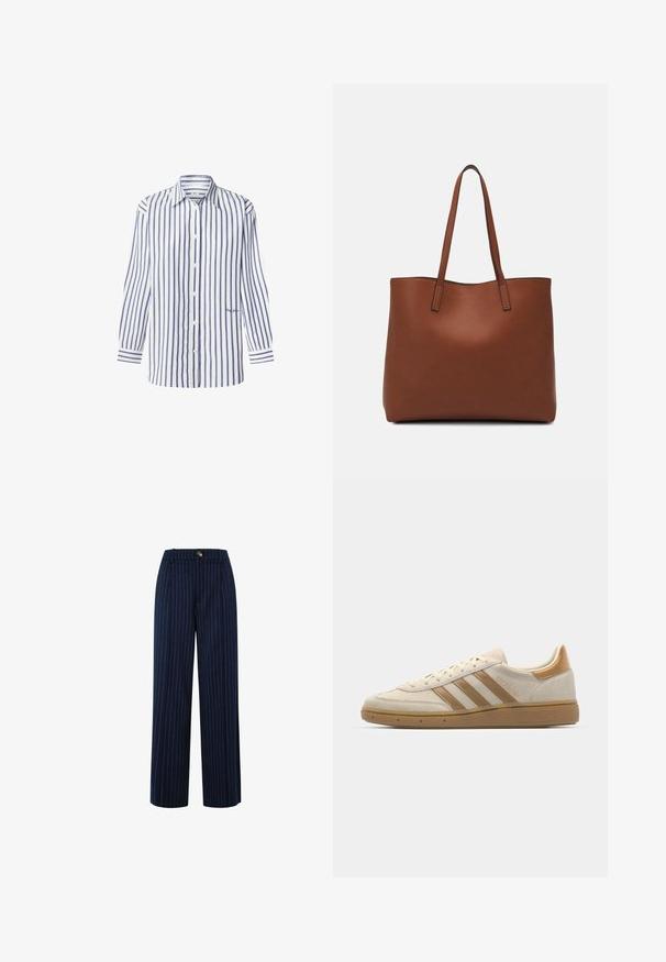 Prugasta majica v beli in temno modri barvi, narejena iz bombaža. Ima ovratnik, sprednje gumbe in dolge rokave s prugastimi manšetami.; Mornarsko široke hlače z vertikalnimi belimi črtami, opremljene z gumbom, zankami za pas in oblikovano zasnovo. Mehak teksturiran material.; Bež semiš športni čevlji s svetlo rjavimi poudarki. Ima tri rjave črte, teksturiran gumijast podplat in zaobljen dizajn prstov.; Rjava usnjena torba z gladko teksturo, odprto zasnovo zgoraj in dvema naramnima trakovoma. Opremljena je z minimalnim šivanjem in brez vidnih kovinskih delov.