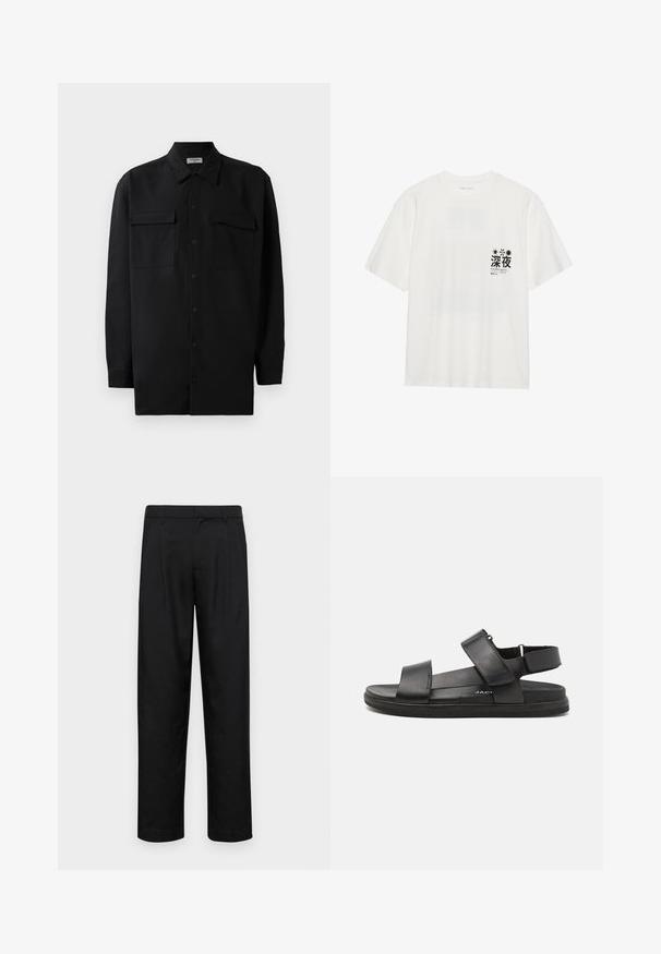 Fekete gombos ing, sima anyagból készült, klasszikus gallérral, két elülső zsebbel és hosszú ujjakkal, amelyek gombos mandzsettával záródnak.; Fehér, rövid ujjú pamut póló. Bal mellen fekete grafikai nyomtatással, szöveggel és mintákkal, beleértve csillagokat.; Fekete nadrág sima anyagból, egyenes szárú fazonnal, két elülső redővel és közönséges derékkal, övhurkokkal.; Fekete bőr szandálok, amelyek két széles pánttal rendelkeznek a lábfejen, állítható sarokpánttal és textúrált gumitalppal a jobb tapadásért.