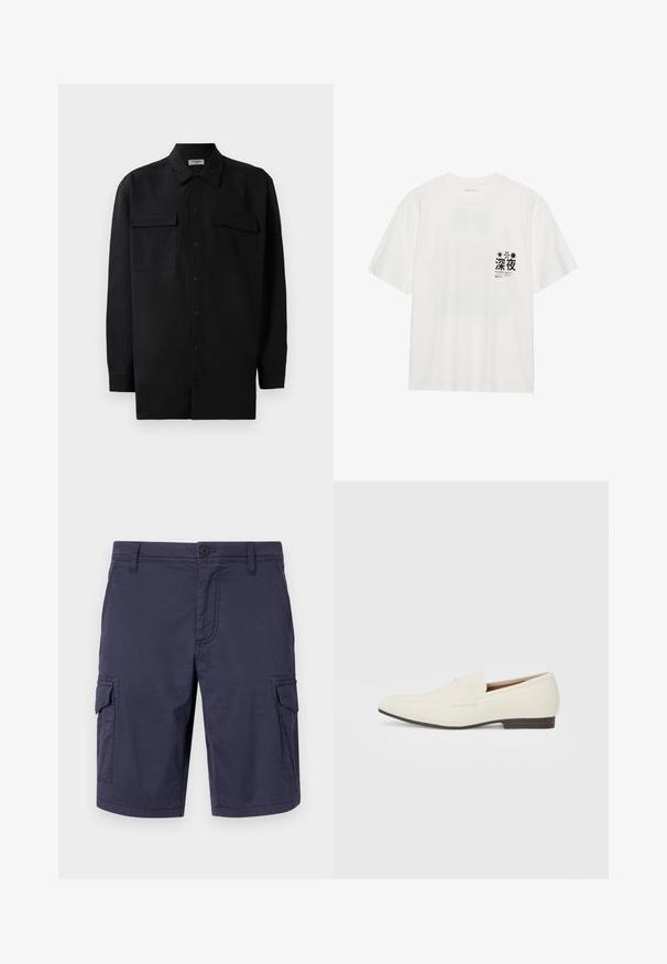 Camisa negra de botones, fabricada en tejido suave, con un cuello clásico, dos bolsillos delanteros y mangas largas con puños de botón.; Camiseta de algodón blanca con mangas cortas. Presenta un estampado gráfico negro en el área del pecho izquierdo con texto y diseños, incluyendo estrellas.; Pantalones cortos cargo de color azul marino, hechos de una tela duradera, con bolsillos laterales, cierre con botón y un acabado texturizado.; Mocasines beige claro con puntera puntiaguda, material suave, una correa a través del empeine y una suela baja marrón. Diseño simple con acentos mínimos.