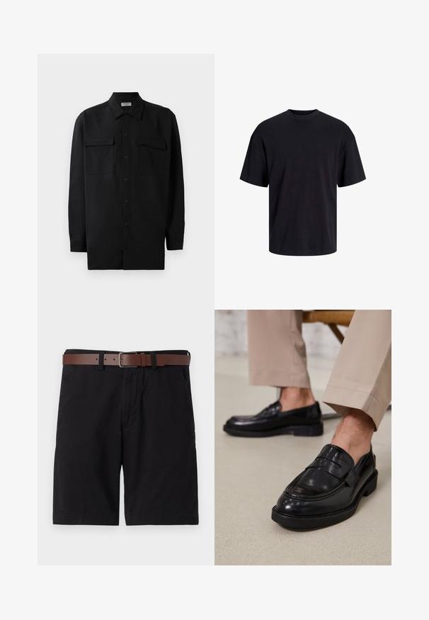 Mustmust värvi nööpidega särk, mis on valmistatud sujuvast kangast, klassikalise kraega, kahe eesmise tasku ja pikkade varrukatega, millel on nööpidega mansetid.; Must must on mustre, lühikeste varrukatega ja vabalt langev. Sile tekstuur ja ilma nähtavate mustrite või aktsentideta.; Mustad mustad lühikesed püksid, millel on pruuni nahast vöö. Disain sisaldab ees taskuid ja sirget lõiget, millel on lõpetatud ääred.; Mustad nahast mokassiinid sileda viimistlusega, dekoratiivse rihma ja kontrastõmblustega, koos beežide pükstega.