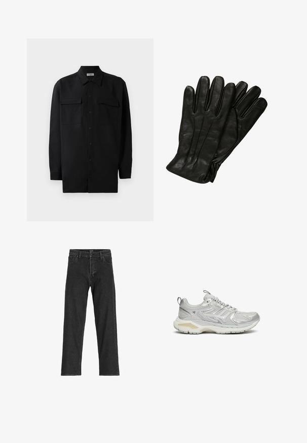 Črn srajčni zgornji del iz gladkega materiala, s klasičnim ovratnikom, dvema sprednjima žepoma in dolgimi rokavi z gumbi na manšetah.; Črne kavbojke z ravnim krojem, ki vključujejo zadrgo, paski in šest žepov, narejene iz trpežne mešanice bombaža.; Sive športne copate z mrežasto zgornjo plastjo, sintetičnimi prekrivnimi plastmi in debelim belim podplatom. Imajo podložen ovratnik in teksturirane detajle.; Črne usnjene rokavice z gladko teksturo, pet prstov in subtilnimi šivi. Klasičen dizajn, primeren za uporabo v hladnem vremenu.; Pier One SET - Ura - black/brown