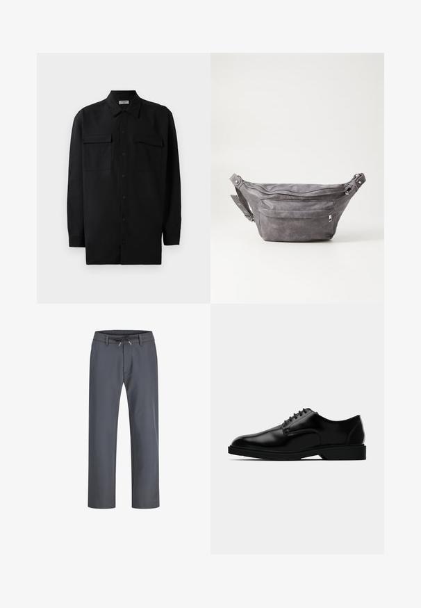 Schwarzes Hemd mit Knopfleiste aus glattem Stoff, das einen klassischen Kragen, zwei Brusttaschen und lange Ärmel mit Knopfmanschetten aufweist.; Grau, elastische Bundhose mit Kordelzug. Gerades Bein Design, aus glattem Stoff gefertigt, mit minimaler Naht und ohne sichtbare Hardware.; Schwarze Lederdressschuhe mit glatter Oberfläche, rundem Zehenbereich, schnürbarem Design und unauffälliger Gummisohle für besseren Halt.; Graue Wildleder-Gürteltasche mit runder Form, zwei mit Reißverschluss verschlossenen Fächern und verstellbarem Trageriemen. Mit metallischen Hardware-Akzenten.