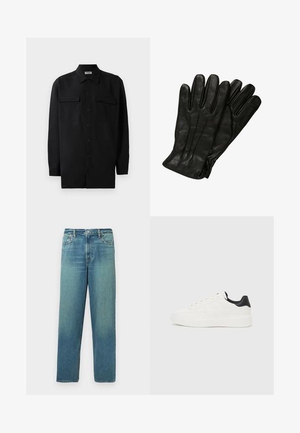 Schwarzes Hemd mit Knopfleiste aus glattem Stoff, das einen klassischen Kragen, zwei Brusttaschen und lange Ärmel mit Knopfmanschetten aufweist.; Jeans aus Denim, hellblau mit einem ausgewaschenen Effekt, gerade Beinform, standardmäßiges Fünf-Taschen-Design, Messingknopf und Reißverschluss.; Weißes Leder-Sneaker mit geprägtem Muster, strukturierter weißer Zwischensohle und schwarzen Akzenten an der Ferse. Verfügt über eine abgerundete Zehenpartie und flache Schnürsenkel.; Schwarze Lederhandschuhe mit glatter Textur, fünf Fingern und dezenten Nähdetails. Klassisches Design, geeignet für den Einsatz bei kaltem Wetter.