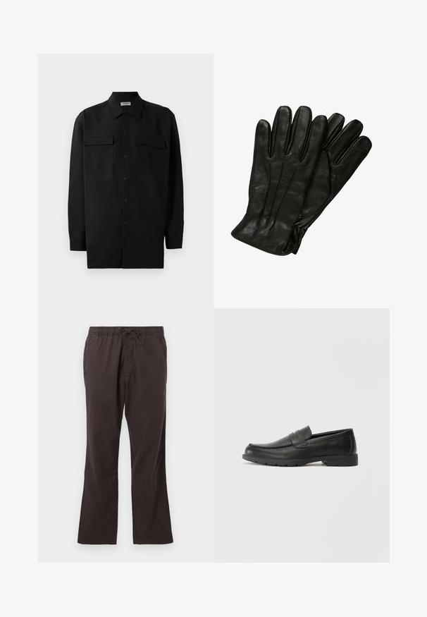 Schwarzes Hemd mit Knopfleiste aus glattem Stoff, das einen klassischen Kragen, zwei Brusttaschen und lange Ärmel mit Knopfmanschetten aufweist.; Dunkelbraune Hose mit elastischem Bund und Kordelzug, mit geradem Bein und glattem, strukturiertem Stoff.; Schwarze Lederloafers mit glatter Oberfläche, Mokassin-oberteil, genähten Details und Gummisohle. Klassisches Design mit niedrigem Absatz.; Schwarze Lederhandschuhe mit glatter Textur, fünf Fingern und dezenten Nähdetails. Klassisches Design, geeignet für den Einsatz bei kaltem Wetter.
