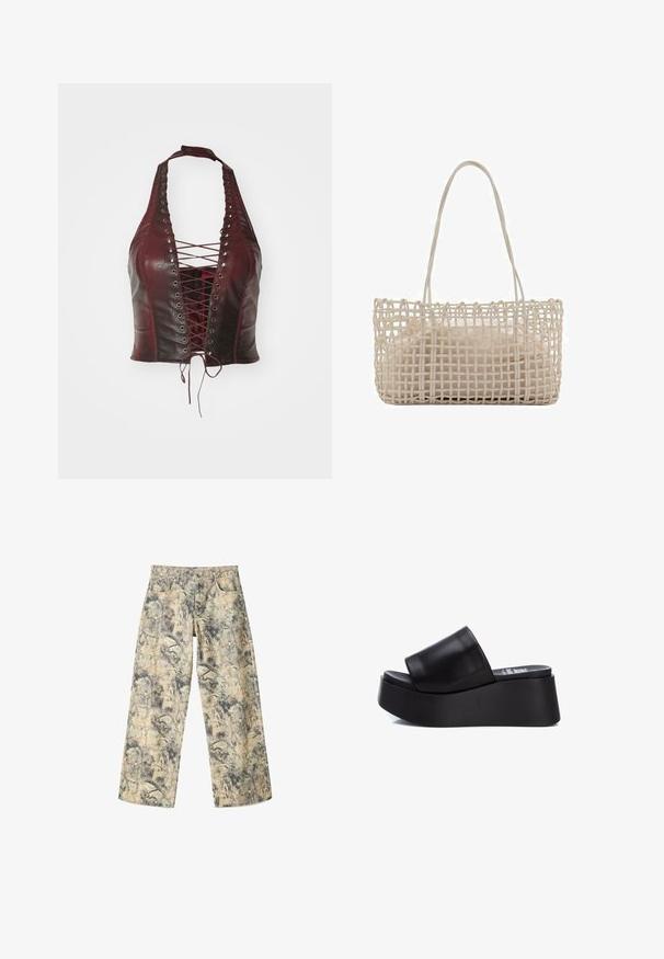 Burgundská kožená halter top s předním šněrováním, obsahující kovové oky, úzkou siluetu a hladkou texturu, nabízející strukturovaný design.; Kalhoty s širokými nohavicemi v maskáčovém vzoru s odstíny zelené, béžové a šedé. Vyrobeny z texturovaného materiálu s tradičním designem kapes.; Černé platformové sandály na klínu s hladkým koženým svrškem, širokým páskem a masivní gumovou podrážkou, s matným povrchem a tvarovaným designem.; Tkaná kabelka z přírodního béžového materiálu, obdélníkového tvaru se soft inner pouch (měkkou vnitřní kapsou); obsahuje dvě dlouhé rukojeti pro pohodlné nošení.