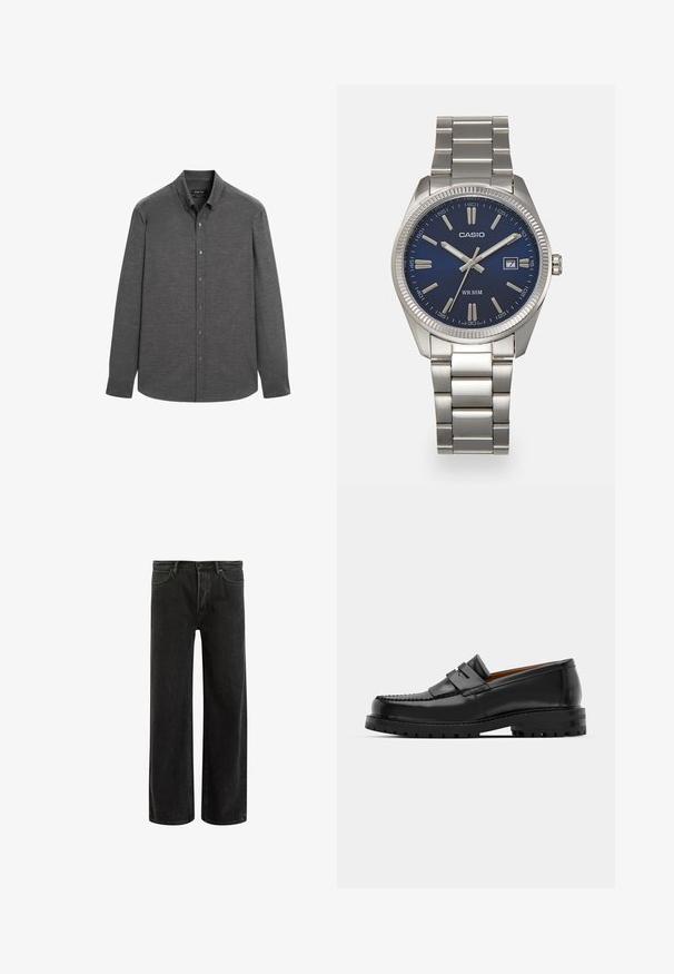 Grijze langemouwen shirt gemaakt van een textuurstof, met een button-down kraag en knopen aan de voorkant, met een gebogen zoom.; Zwarte denims met wijde benen en een hoge taille, met een klassiek vijf zakken ontwerp en subtiele vervaging voor een textuur uitstraling.; Zwarte leren instappers hebben een verhoogde naad, twee decoratieve banden op de bovenkant en een dikke, gestructureerde zool voor extra grip.; Zilveren roestvrijstalen horloge met een marineblauwe wijzerplaat, metalen uurmarkeringen en een datumnis op 3 uur. Waterbestendig tot 50 meter.