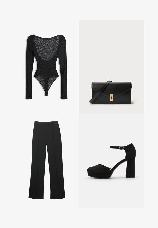 Čierny čipkovaný body s dlhými rukávmi, vyznačujúci sa výstrihom do lode a zložitým kvetinovým vzorom. Zapínanie na patentky v spodnej časti.; Čierne vysoké široké nohavice s pútkami na opasok a predným švom, vystavené na bielom pozadí.; Čierne semišové platformové opätky s hrubým blokovým opätkom, zaoblenou špičkou a remienkom okolo členka zabezpečeným kovovou prackou. Hladký povrch po celom obvode.; Čierna kožená peňaženka s preklápacou klopou, zlatými kovovými detailmi a logom. Obsahuje odnímateľný popruh na nosenie.