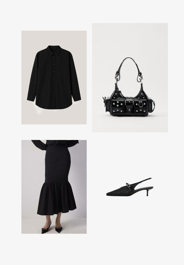 Black long-sleeve button-up shirt with collar, straight hem, and buttoned cuffs, laid flat on a light background.; Black mermaid skirt with a fitted waist, flared bottom, and textured fabric. Ends just below the knee with ruffled hem detail.; Black slingback heels with pointed toes, textured mesh upper, slim adjustable strap with silver buckle, and 5 cm stiletto heels.; Black leather handbag with a curved design, featuring silver studs, a buckle, and two side pockets. Adjustable strap for carrying options.