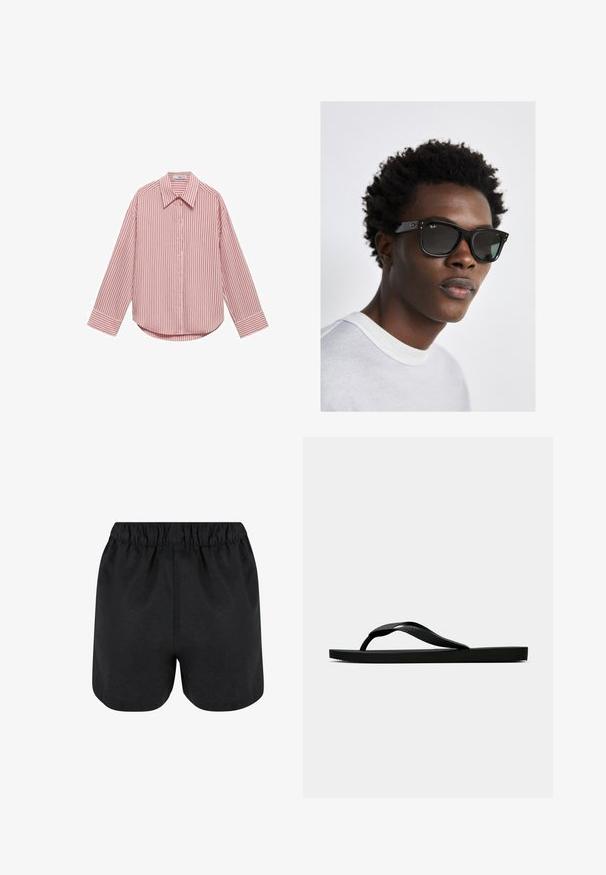 Vaaleanpunainen pitkähihaisen paidan, jossa on pystysuorat valkoiset raidat. Varustettu teräväkärkisellä kauluksella, etupainikkeilla ja pyöreällä helmalla. Pehmeä kangas.; Mustat shortsit, joissa on joustava vyötärönauha. Pehmeä kangas, yksinkertainen muotoilu ja hieman kaareva helma alareunassa. Ei näkyviä kuvioita tai logoja.; Musta kumisaapas sandaali, jossa on teksturoitu thong-hihna ja yksinkertainen litteä pohja, esitetty sivustolta vaalealla taustalla.; Musta Ray-Ban aurinkolasit neliönmuotoisella kehällä, tummilla linsseillä ja hopeisilla yksityiskohdilla. Mallilla on päällään vaaleanharmaa pyöreäkauluksinen neule.