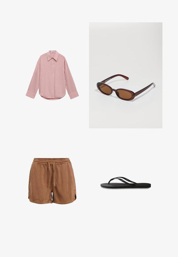 Långärmad skjorta i ljusrosa med vertikala vita ränder. Har en spetsig krage, framknappar och en rundad nederkant. Mjuk tyger texture.; Bruna shorts i mjukt tyg, med elastisk midja, justerbar dragsko och sidofickor. Fåll med små sidoklappar.; Svart flip-flop med en texturerad gummisula, två slanka remmar och en subtil, präglad logodetalj på remmen.; Runda, bruntonade solglasögon med en glansig bordeauxfärgad ram. Smala bågar med subtilt varumärkesdetalj. Platt linsdesign.