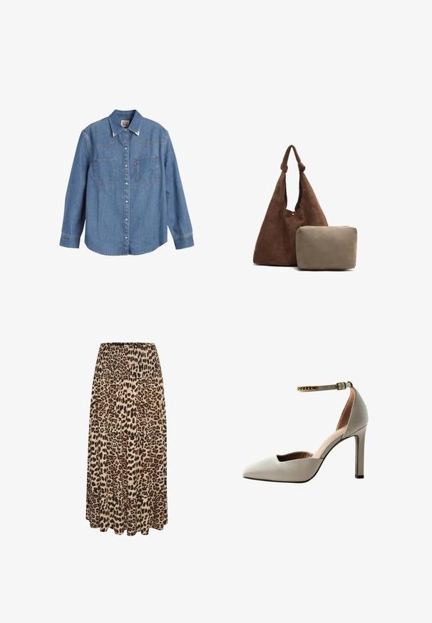 Svijetloplava traper košulja s dugim rukavima, šiljastim ovratnikom, dva džepa na prsima i kontrastnim šavovima. Sadrži dizajn jarmaka u zapadnjačkom stilu.; Maksi krilo s leopardjim vzorcem, z gubanim pasom in večplastnim robom, ki vključuje odtenke bež, rjave in črne barve v mehkem materialu.; Svetlo sivi model visokih potpetica s uskim vrhom, odprto zasnovan vamp, z trakom okrog gležnja in zlatim verižnim dekorjem. Gladka usnjena tekstura.; Rjava semiš torba za rame z vozlanim trakom, ki vključuje majhno bež zadrgo. Torba ima mehak teksturo in preprost dizajn.