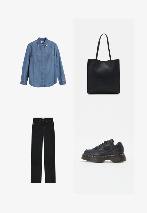 Cămașă din denim de culoare albastru deschis, cu mâneci lungi, guler ascuțit, două buzunare pe piept și cusături contrastante. Prezintă un design tip yoke în stil vest.; Wrangler STRAIGHT - Blugi loose fit - black; Botină din piele neagră, cu finisaj texturat, vârf rotund și talpă groasă. Dispune de cusături accentuate galbene și logo branduit pe partea laterală.; Geantă tote neagră din piele, cu textură netedă, formă rectangulară și două mânere lungi. Fără hardware vizibil sau ornamente.