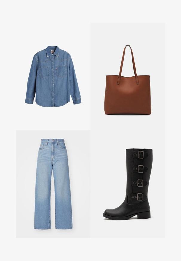 Camisa de ganga azul clara com mangas longas, colarinho pontudo, dois bolsos no peito e costura em contraste. Apresenta um design de yoke ao estilo western.; Jeans de cintura alta e perna larga em azul claro, com fecho frontal de botão e zíper, bolsos frontais e traseiros, sobre um fundo branco.; Botas altas pretas feitas de material sintético suave. Apresenta quatro tiras decorativas com fivelas metálicas retangulares. Design de salto quadrado.; Bolsa tote de couro castanho com uma textura suave, design de abertura superior e duas alças para o ombro. Apresenta costura mínima e sem hardware visível.