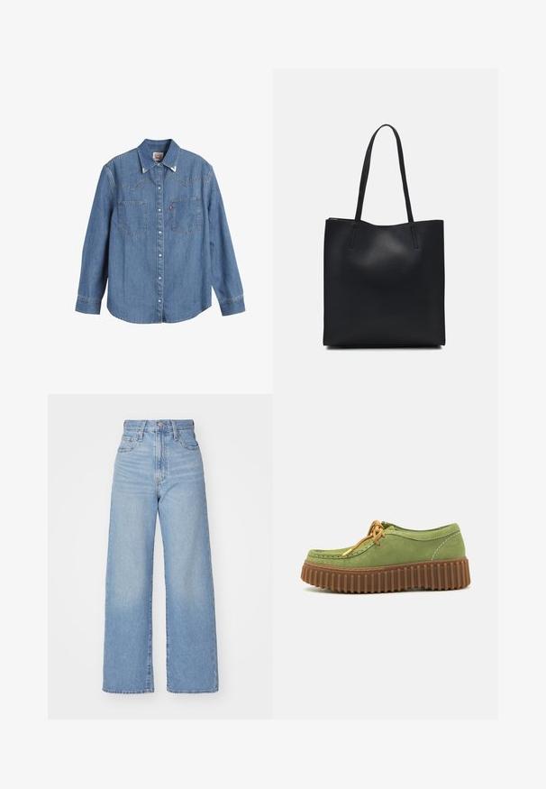 Šviesiai mėlynas džinsinis marškinis su ilgomis rankovėmis, smailu apykakliniu kraštu, dviem krūtinės kišenėmis ir kontrastinėmis siūlėmis. Yra vakarietiško stiliaus jungo dizainas.; Šviesiai mėlynos aukšto liemens plačios kojos džinsai su priekiniais užtrauktukais ir sagom, priekinėmis ir galinėmis kišenėmis, ant baltos fono.; Žalios zomšos bateliai su apvaliu pirštu, rudu grublėtu padu ir oranžinėmis raištelėmis. Savybė yra kontrastinga siuvinėjimo linija aplink kraštus.; Juodas odinis tote krepšys su lygia tekstūra, stačiakampio formos ir dviem ilgais rankenomis. Matomų metalinių detalių ar puošybos nėra.