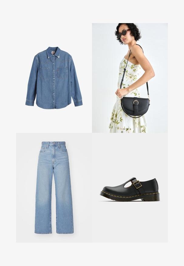 Light blue denim shirt with long sleeves, pointed collar, two chest pockets, and contrasting stitching. Features a western-style yoke design.; Light blue high-waist wide-leg jeans with front button and zip closure, front and back pockets, on a white background.; Black leather shoe with a rounded toe, ankle strap and buckle, low heel, and yellow stitching along the sole. Smooth texture throughout.; Black leather handbag with a curved shape, detachable strap, and gold hardware. The bag features a flap with a buckle detail.