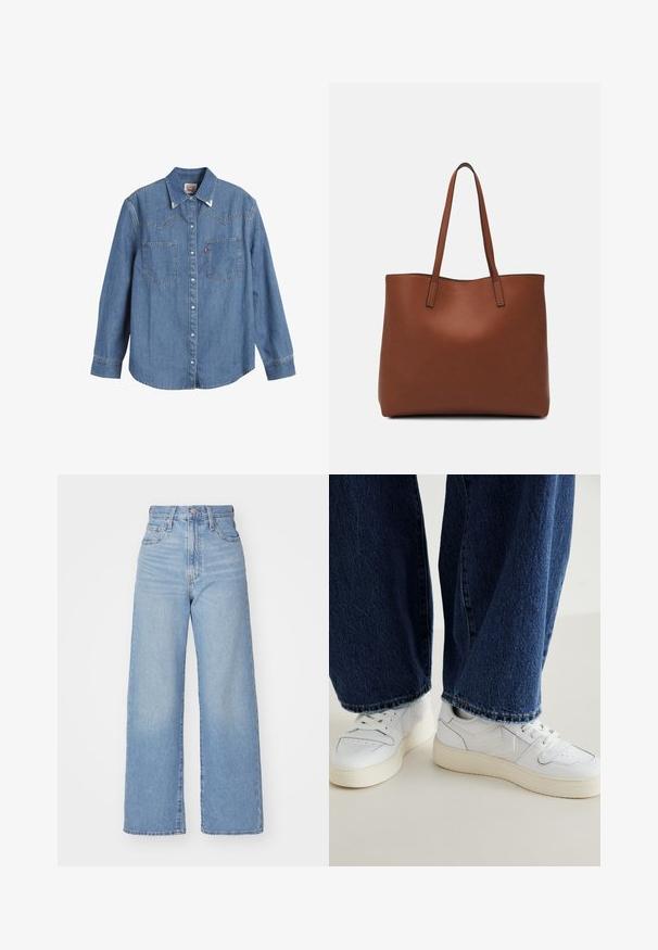 Light blue denim shirt with long sleeves, pointed collar, two chest pockets, and contrasting stitching. Features a western-style yoke design.; Light blue high-waist wide-leg jeans with front button and zip closure, front and back pockets, on a white background.; White sneakers with textured details and beige accents, paired with dark blue wide-leg jeans featuring frayed hems.; Brown leather tote bag with a smooth texture, open top design, and two shoulder straps. Features minimal stitching and no visible hardware.