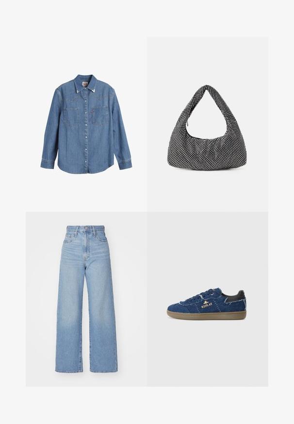Camicia di jeans azzurro chiaro con maniche lunghe, colletto a punta, due tasche sul petto e cuciture a contrasto. Presenta un design a yoke in stile western.; Jeans a vita alta blu chiaro con gamba larga, chiusura frontale con bottone e zip, tasche anteriori e posteriori, su uno sfondo bianco.; Replay PYPER - Sneakers basse - blue; Borsa nera con una forma curva, stile hobo, in tessuto testurizzato con borchie argentate. Manico superiore singolo, chiusura con zip e silhouette morbida.