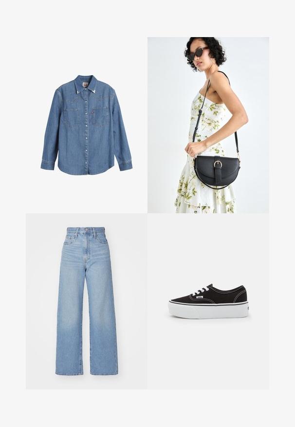 Lys blå denimskjorte med lange ærmer, spids krave, to brystlommer og kontraststing. Har et western-inspireret yoke-design.; Lyseblå højtaljede bukser med bred benåbning, med frontknap og lynlås, samt for- og baglommer, på en hvid baggrund.; Sort lærred sneakers med en hvid gummi platform sål, der har hvide snørebånd og syninger, ikonisk branding på siden, lav-top design.; Sort læderhåndtaske med en buet form, aftagelig rem og guldfinish. Tasken har en klap med en spænde detalje.