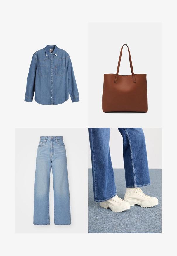 Lyseblå denimskjorte med lange ermer, spiss krage, to brystlommer og kontrasterende søm. Har et vestlig stil yoke-design.; Lys blå høytlivs vide jeans med knapp- og glidelås lukking foran, foran og bak lommer, på en hvit bakgrunn.; Hvite høyhælte joggesko med tykke, rillede såler og sirkulær logo detalj, brukt med lyseblå, vide denim jeans.; Brun lær tote veske med en jevn tekstur, åpen toppdesign og to skulderstropper. Har minimal søm og ingen synlige spiker.