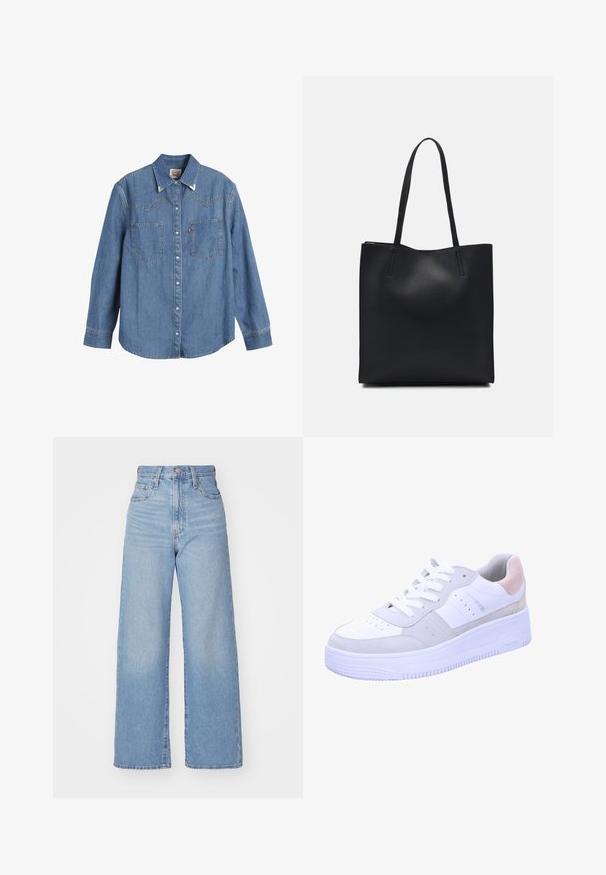 Camisa de ganga azul clara com mangas longas, colarinho pontudo, dois bolsos no peito e costura em contraste. Apresenta um design de yoke ao estilo western.; Jeans de cintura alta e perna larga em azul claro, com fecho frontal de botão e zíper, bolsos frontais e traseiros, sobre um fundo branco.; Sapatilha branca com acentos em camurça cinza, sola texturizada, caixa de dedos perfurada e atacadores brancos. Apresenta um discreto puxador de calcanhar em rosa pastel.; Bolsa tote preta em couro com textura lisa, forma retangular e duas alças longas. Sem hardware ou enfeites visíveis.