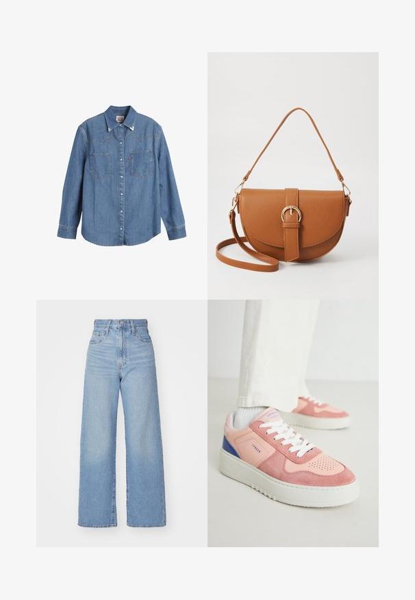 Camicia di jeans azzurro chiaro con maniche lunghe, colletto a punta, due tasche sul petto e cuciture a contrasto. Presenta un design a yoke in stile western.; Jeans a vita alta blu chiaro con gamba larga, chiusura frontale con bottone e zip, tasche anteriori e posteriori, su uno sfondo bianco.; Sneaker rosa e corallo realizzati in materiali scamosciati e in pelle, con lacci bianchi e una suola in gomma testurizzata. Presentano dettagli blu sul tallone.; Borsa a tracolla in pelle marrone con forma curvata, hardware dorato e un dettaglio con fibbia. Presenta una tracolla rimovibile.