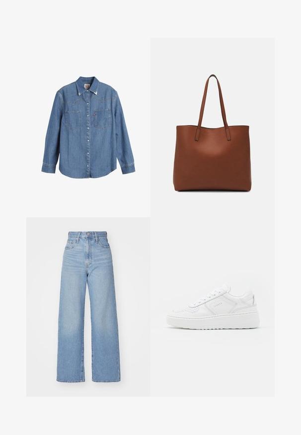 Lys blå denimskjorte med lange ærmer, spids krave, to brystlommer og kontraststing. Har et western-inspireret yoke-design.; Lyseblå højtaljede bukser med bred benåbning, med frontknap og lynlås, samt for- og baglommer, på en hvid baggrund.; Hvide sneakers med overdel i glat læder, perforerede detaljer og en tyk gummisål. Har minimalistisk branding og et snørebåndsdesign.; Brun læder tote taske med en glat overflade, åben topdesign og to skulderremme. Har minimal syning og ingen synlig hardware.